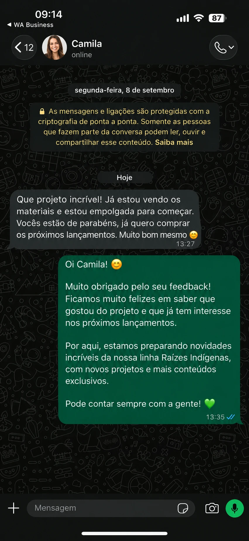 Depoimento de Camila, elogiando o projeto Raízes Indígenas