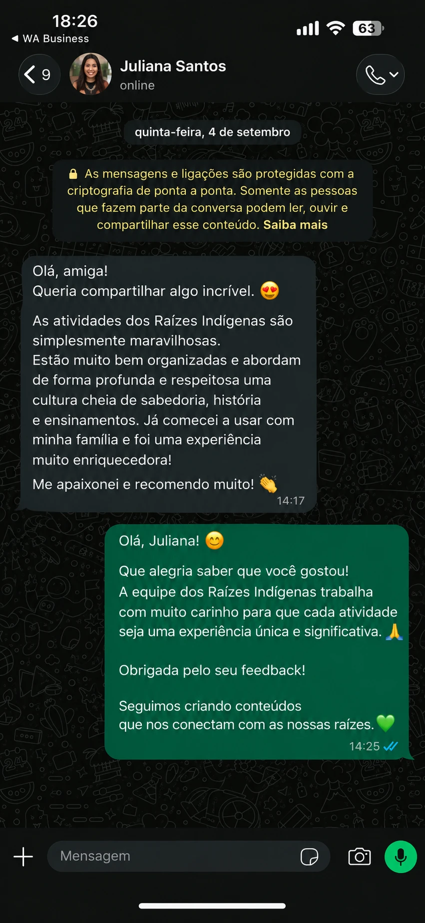 Depoimento de Juliana Santos recomendando as atividades