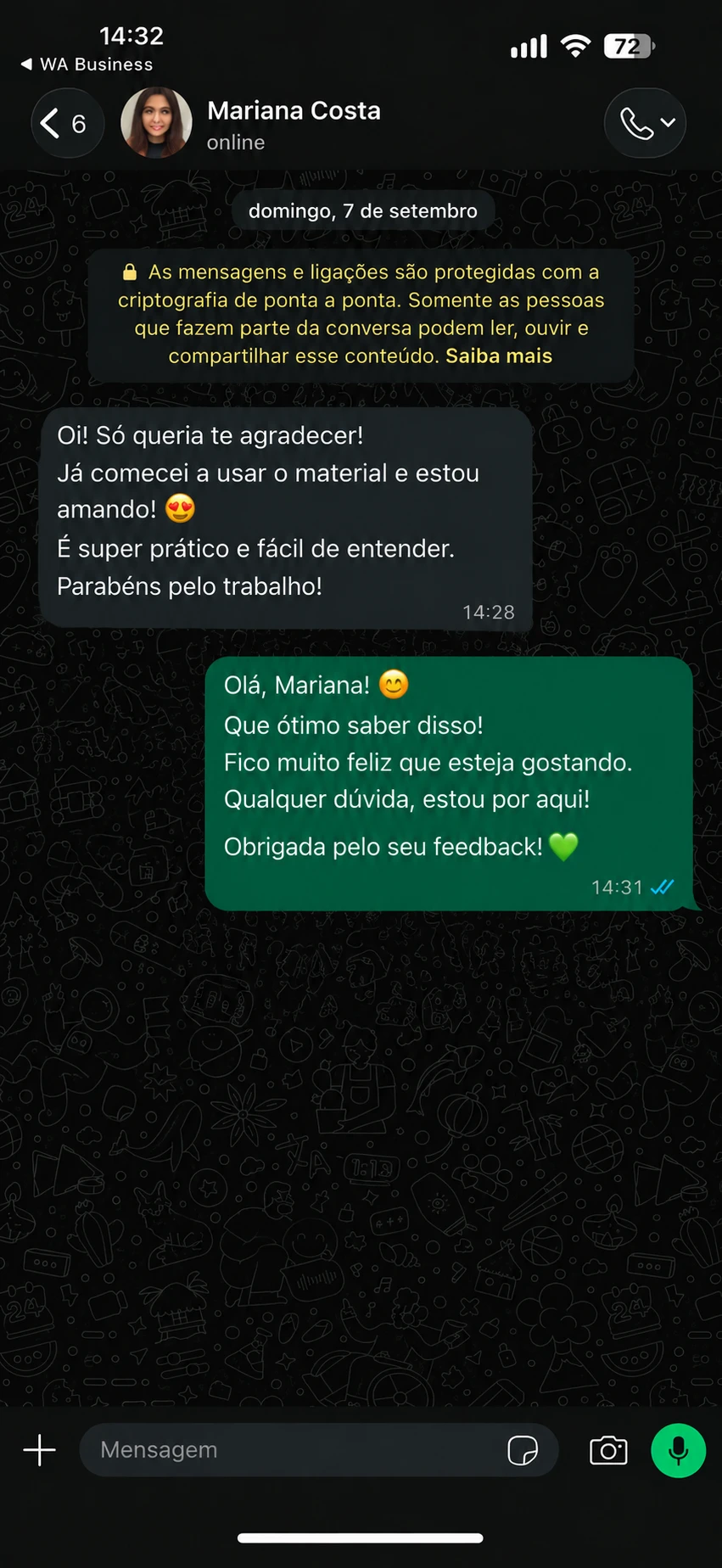 Depoimento de Mariana Costa dizendo que o material é prático e fácil de entender